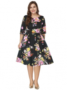 Black Long Sleeve Floral Printed Plus Size Dress