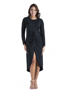 Black M-3XL Long Sleeve Irregular Slit Dress