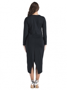 Black M-3XL Long Sleeve Irregular Slit Dress