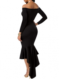 Black Sexy Bateau Neck Dovetail Shape Dress
