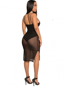 Black Sexy V Neck Spaghetti Strap Mid Dresses 