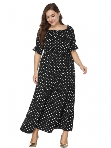 Black Short Sleeve Dot Printed Plus Size Dress