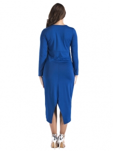 Blue M-3XL Long Sleeve Irregular Slit Dress