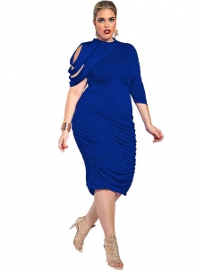 Blue Round Neck Irregular Sleeve Plus Size Dress
