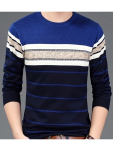 Blue Round Neck Striped Printed T-Shirt