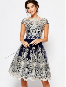 Blue S-XL Short Sleeve Printed Lace Dress