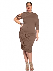 Brown Round Neck Irregular Sleeve Plus Size Dress