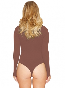 Brown Sexy Front Zipper Long Sleeve Bodysuit