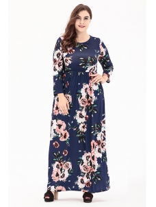Dark Blue Long Sleeve Plus Size Floral Dress