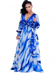 Euramerican V Neck  Digital Printing Blue Twilled Satin Maxi Dress