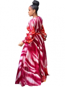 Euramerican V Neck  Digital Printing Red Twilled Satin Maxi Dress