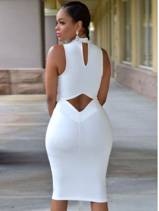 Fashion Turtleneck Tank Sleeveless White Midi Dress