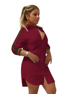 Fashionable Turndown Collar Striped Wine Red Mini Dress