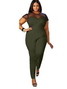 Green Mesh Short Sleeve Plus Size Jumpsuit