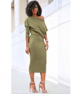 Green S-XL Sexy One Shoulder Midi Dress