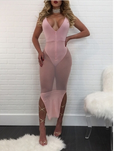 Pink Sexy V Neck Spaghetti Strap Mid Dresses 