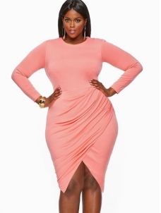 Pink Women Long Sleeve Plus Size Dress