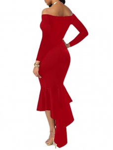 Red Sexy Bateau Neck Dovetail Shape Dress