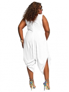 White Heaps Collar Ruched Plus Size Jumpsuit