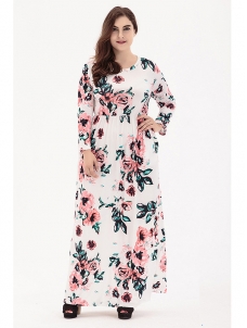 White Long Sleeve Plus Size Floral Maxi Dress