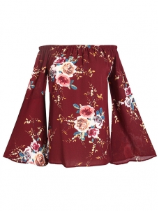 Wine Red Floral Print Off Shoulder Chiffon Blouse