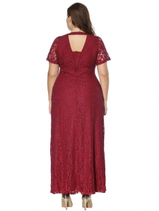 Wine Red Floral Printed Chiffon Plus Size Dress