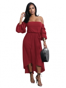 Wine Red Off Shoulder Asymmetric Hem Dress 