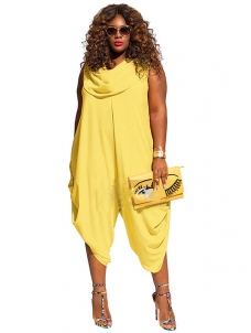 Yellow Heaps Collar Ruched Plus Size Jumpsuit