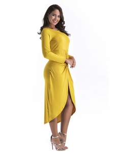 Yellow M-3XL Long Sleeve Irregular Slit Dress