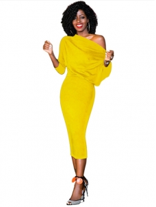 Yellow S-XL Sexy One Shoulder Midi Dress