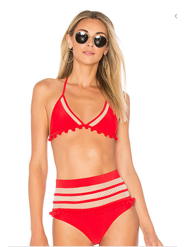 2018 Women Sheer Mesh Hot Red Two Piece Swimwear