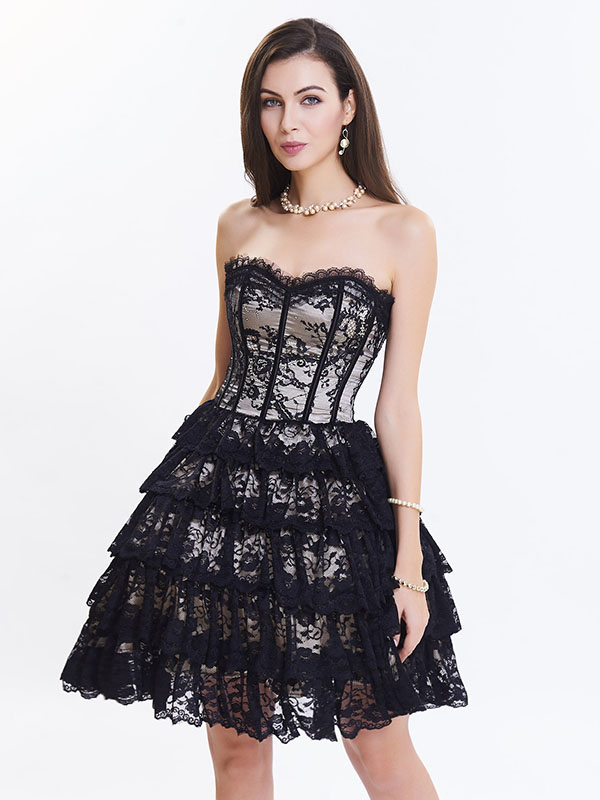 Apricot Sexy Strapless Lace Corset Dress for Women