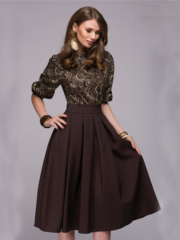 Brwon Elegant A-Line Skirt Short Sleeve Evening Dress