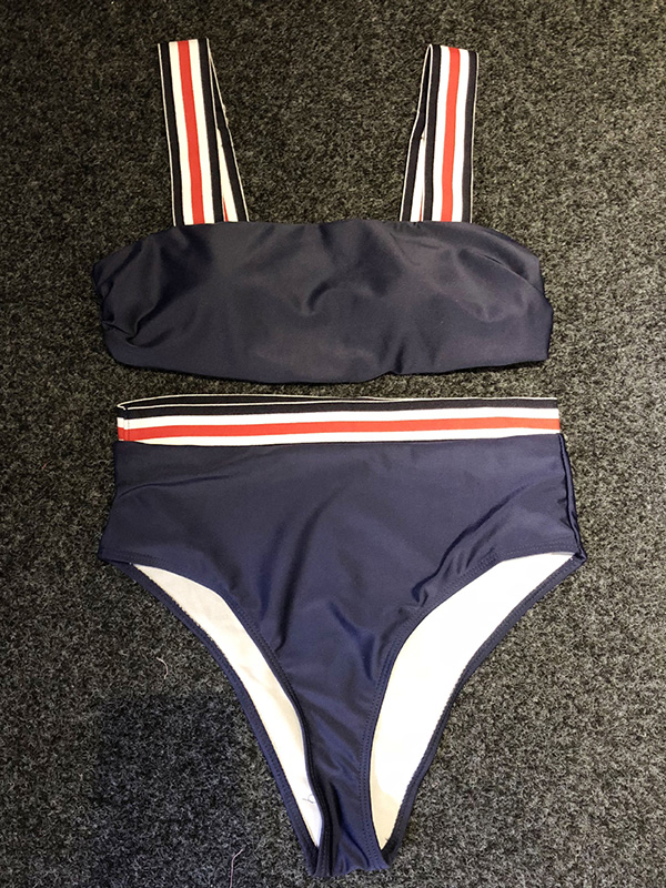 Dark Blue Striped Detail High Waist Bikini Sets 2018