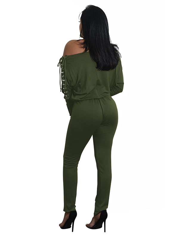 Dew Shoulder Lace-up Blends Jumpsuits Green