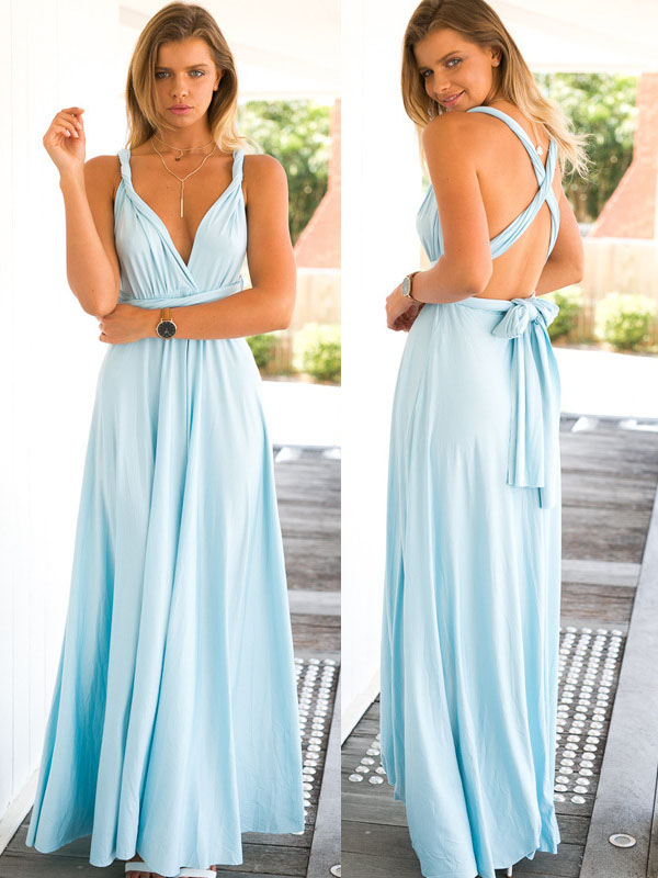 Light Blue Sleeveless  Backless V-Neck Maxi Evening Dress