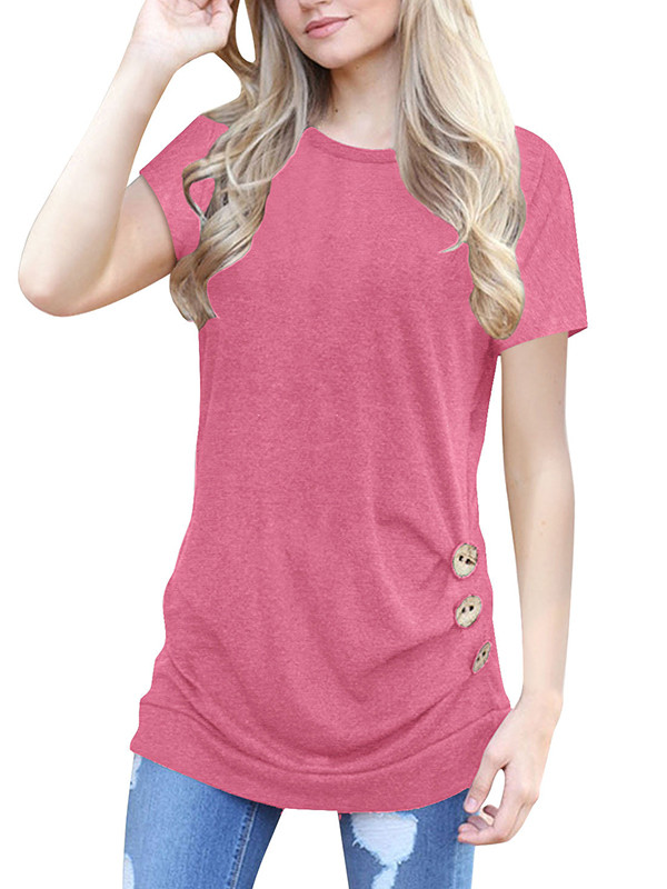 Pink Buttoned Side Short Sleeve Blouses