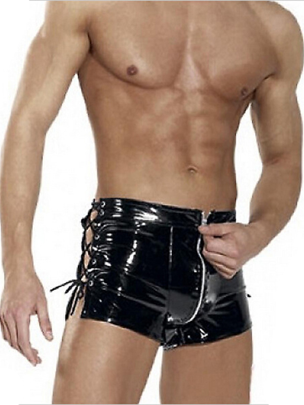 Sexy Men Wetlook Leather Shorts Exotic Lingerie Lace-up Zipper Design