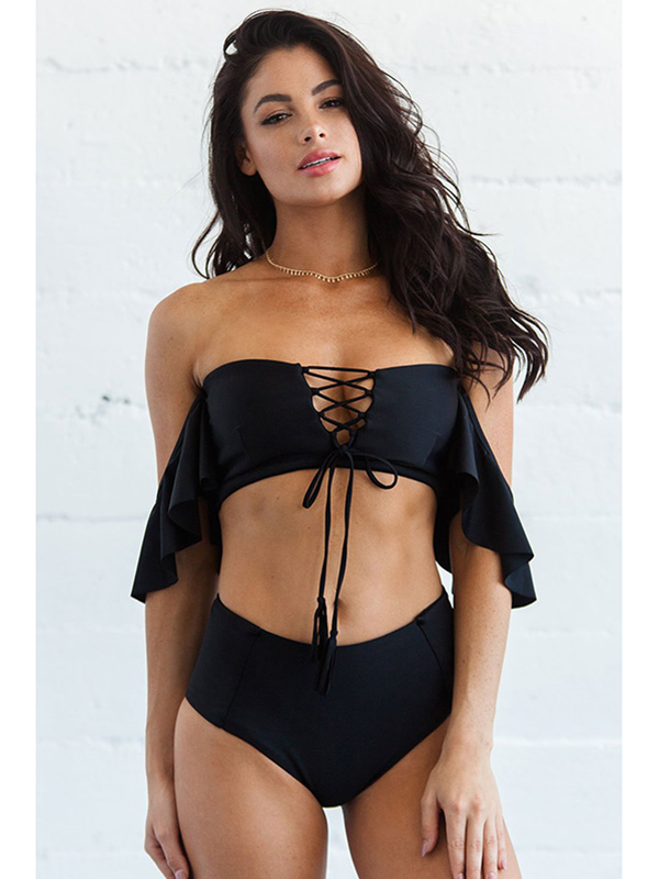 Sexy Ruffles Off Shoulder Two Piece Swimsuit Bikini Women Black