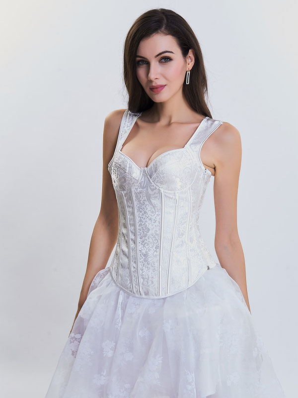 White Bride Embroidered Vest Corset Top Lace Up Design