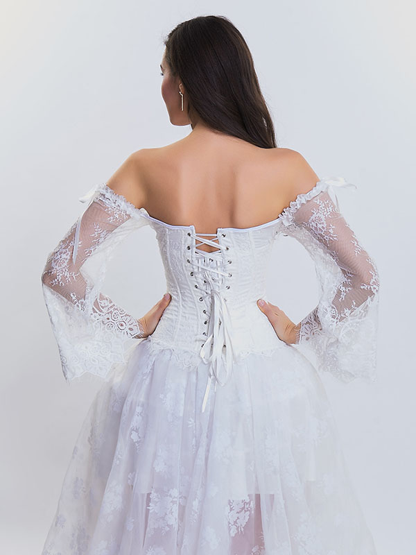 White Victorian Lace Flare Long Sleeve  Bridal Corset Overbust