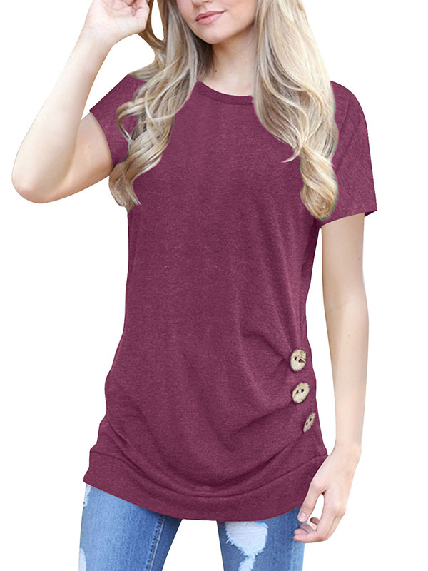 Wine Red Buttoned Side Short Sleeve Blouses