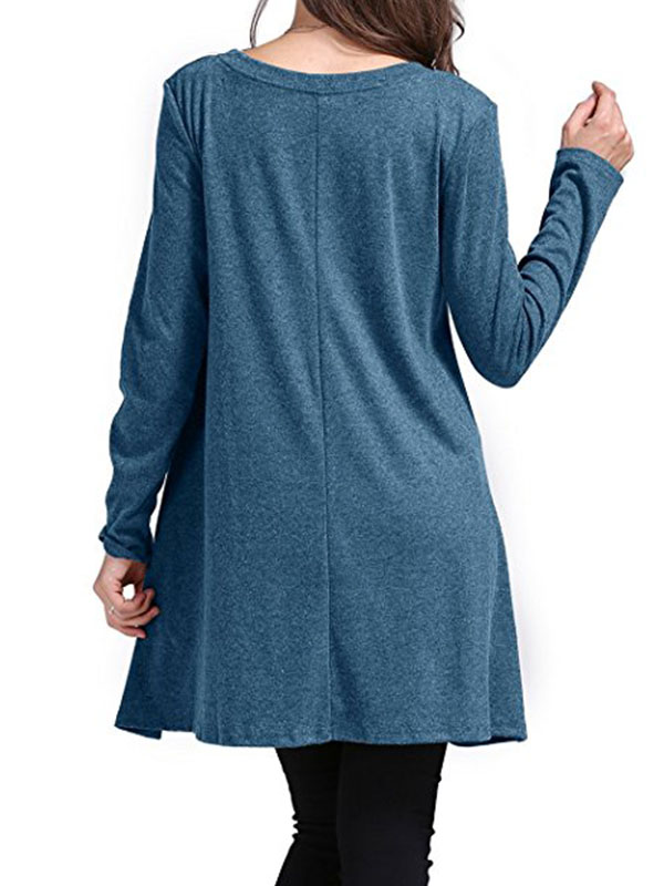 Women Long Sleeves Loose Casual T-shirt Dress Blue