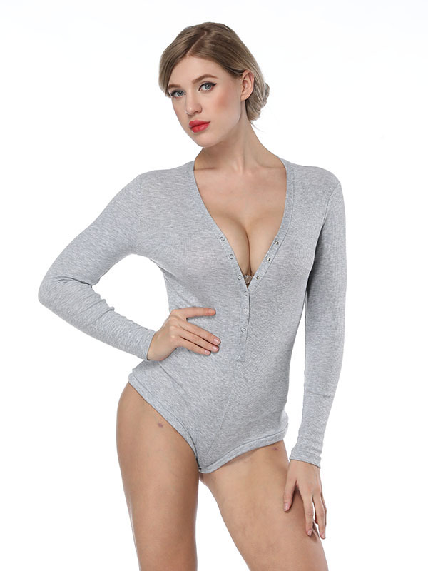 Women Long Sleeves Soft Cotton Fabric Jumpsuit Grey
