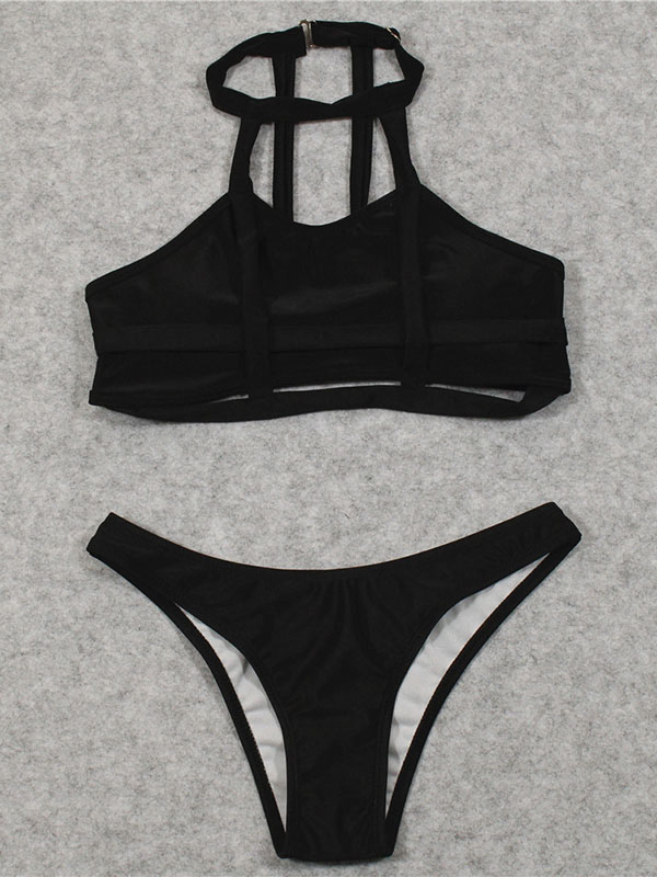 Women Sexy Plain Stretchy Bikini Set Swimwear Black