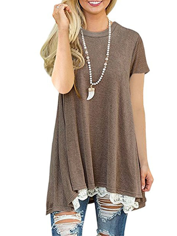 Women Tops Lace A-Line Tunic Blouse Brown