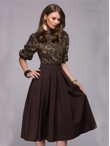 Brwon Elegant A-Line Skirt Short Sleeve Evening Dress