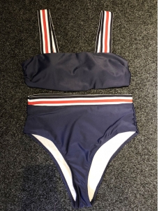 Dark Blue Striped Detail High Waist Bikini Sets 2018