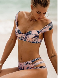 Fashion Floral Printed Side Cut Out Off The Shoulder Bathing Suits