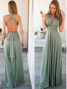 Green Sleeveless  Backless V-Neck Maxi Evening Dress